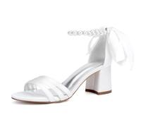 TNMIUH Femme Sandales de Mariage Élégantes, Blanc/Ivoire, Talon Bloc 6.5cm, Bride Cheville avec Perles Escarpins pour Mariée, Demoiselles, d'honneur Robe,Bal de Promo,Ivoire,41 EU