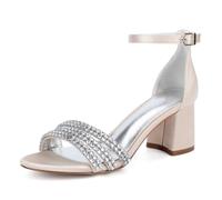 TNMIUH Femme Sandales de Mariage en Satin Blanc, Strass Cristal, Talon Bloc 6cm, Bride Cheville Élégants Escarpins pour Mariées, Demoiselles d'honneur, Robes,Champagne,37 EU