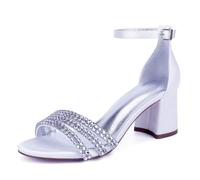 TNMIUH Femme Sandales de Mariage en Satin Blanc, Strass Cristal, Talon Bloc 6cm, Bride Cheville Élégants Escarpins pour Mariées, Demoiselles d'honneur, Robes,Blanc,41 EU
