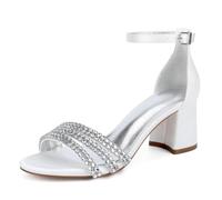 TNMIUH Femme Sandales de Mariage en Satin Blanc, Strass Cristal, Talon Bloc 6cm, Bride Cheville Élégants Escarpins pour Mariées, Demoiselles d'honneur, Robes,Ivoire,43 EU