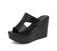 TNMIUH Mules Compensées Femme en Cuir Noir, Plateforme 11 cm, Style Élégant Sandales Été Style,Noir,43 EU