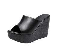 TNMIUH Mules Compensées Femme en Cuir, Plateforme 11 cm, Peep Toe, Été Style Loisirs Sandales Chaussons, Noir et Blanc,Noir,34 EU