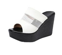 TNMIUH Mules Compensées Femme, Mesh et Cuir Synthétique, Plateforme 11,5 cm, Été Style Loisirs Sandales, Noir et Blanc,Blanc,43 EU