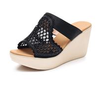 TNMIUH Mules Compensées Femme, Motif Ajouré Orné de Strass, Plateforme 8cm,Élégant Sandales à Enfiler Loisirs Talons Claquettes Été Plage Vacances Sandales,Black 8cm,34 EU