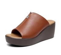 TNMIUH Mules Compensées Femme Talon 6cm Sandales à Plateforme avec Strass Bout Ouvert Sabots d'Été Bicolore Pantoufles Confortable Chaussures Chic,Marron,34 EU