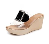 TNMIUH Mules Compensées Transparentes pour Femme, Plateforme Talons, Boucle Ornée de Cristaux, Sandales d'Été Élégantes,À Enfiler Loisirs Claquettes Plage Vacances,Black 8cm,43 EU