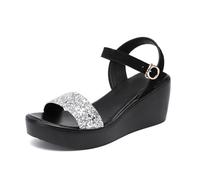 TNMIUH Sandales compensées à Plateforme pailletée pour Femme, Bande argentée Scintillante, Talon de 6 cm, Bride à la Cheville, Sandales Confortables pour l'été,Noir,43 EU