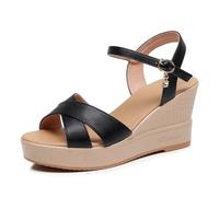 TNMIUH Sandales Compensées Été, Plateforme 8 cm, Bride Cheville avec Boucle, Blanc et Noir,Femme Elegant Décontracté Été Escarpins Sandale,Quotidien,Bureau,Noir,35 EU