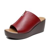 TNMIUH Sandales Compensées Femme en Cuir, Mules Plateforme Confort, Été Style Loisirs Sandales, Noir et Marron,Rouge,43 EU