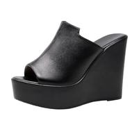 TNMIUH Sandales Compensées Femme en Cuir Noir, Mules Plateforme à Bout Ouvert, Style Élégant pour Été,Noir,35 EU