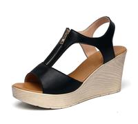 TNMIUH Sandales Compensées Femme, Plateforme 8 cm, Fermeture Zippée, Beige et Noir, Mode Décontracté Été Escarpins Sandales, Quotidien,Bureau,Noir,34 EU