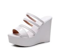 TNMIUH Sandales Compensées Femmes Élégantes, Mules Plateforme en Cuir Verni Noir, Triple Brides, Talon 11cm,Disponible en Noir et Blanc, métallisé et Vert,Blanc,43 EU