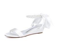 TNMIUH Sandales De Mariage Élégantes Et Confortables pour Femmes, en Satin, Talon Compensé Bas De 3,8 Cm, Bride Cheville en Perles Bride Escarpins,Ivoire,38 EU