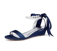 TNMIUH Sandales De Mariage Élégantes Et Confortables pour Femmes, en Satin, Talon Compensé Bas De 3,8 Cm, Bride Cheville en Perles Bride Escarpins,Marine,37 EU