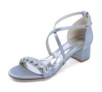 TNMIUH Sandales de Mariage Élégantes, Talon Bloc Bas 4.5cm, Blanc/Ivoire Satin, Strass Cristal, Bride Croisée Escarpins de Mariée, Confort Demoiselles d'honneur,Bleu,37 EU