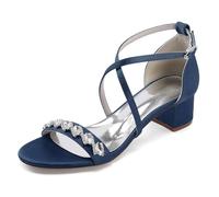 TNMIUH Sandales de Mariage Élégantes, Talon Bloc Bas 4.5cm, Blanc/Ivoire Satin, Strass Cristal, Bride Croisée Escarpins de Mariée, Confort Demoiselles d'honneur,Marine,35 EU