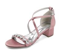 TNMIUH Sandales de Mariage Élégantes, Talon Bloc Bas 4.5cm, Blanc/Ivoire Satin, Strass Cristal, Bride Croisée Escarpins de Mariée, Confort Demoiselles d'honneur,Rose,43 EU
