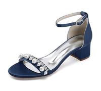TNMIUH Sandales de Mariée Confort, Satin Blanc, Talon Bloc Bas 4.5cm, Perles et Cristaux Décoratifs, Bride Cheville, Élégantes Ivoire Escarpins de Mariage,Demoiselles d'honneur,Marine,39 EU
