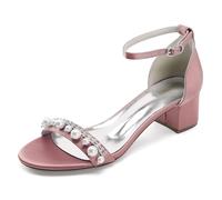 TNMIUH Sandales de Mariée Confort, Satin Blanc, Talon Bloc Bas 4.5cm, Perles et Cristaux Décoratifs, Bride Cheville, Élégantes Ivoire Escarpins de Mariage,Demoiselles d'honneur,Rose,43 EU