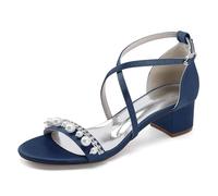 TNMIUH Sandales de Mariée, Satin Blanc, Talon Bloc Bas 4.5cm, Perles et Cristaux, Brides Croisées, Élégantes Ivoire Escarpins de Mariage,Demoiselles d'honneur,Marine,41 EU
