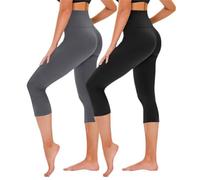 TNNZEET Legging 3/4 Femme, Pantalon de Sport 7/8, Corsaire Femme Été Confortable Opaque Pantacourt pour Gym（Noir/Gris foncé,L-XL）