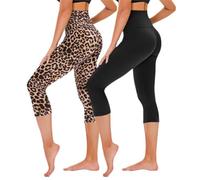 TNNZEET Legging 3/4 Femme, Pantalon de Sport 7/8, Corsaire Femme Été Confortable Opaque Pantacourt pour Gym（Noir/Léopard,S-M）