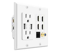 TNP Boîtier de prise multimédia Blanc - Plaque murale HDMI avec chargement USB, chargeur mural USB et prise d'alimentation 15 A, 4 ports HDMI, 1 port Ethernet Cat6 RJ45, prise de câble coaxial, prise