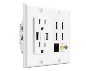 TNP Boîtier de prise multimédia Blanc - Plaque murale HDMI avec chargement USB, chargeur mural USB et prise d'alimentation 15 A, 4 ports HDMI, 1 port Ethernet Cat6 RJ45, prise de câble coaxial, prise