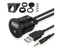 TNP Câble USB auxiliaire à encastrer pour tableau de bord + prise jack audio 3,5 mm AUX 1/8" résistant à l'eau pour voiture, camion, remorque, moto (1,8 m)