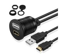 TNP Câble USB + HDMI à montage affleurant - Prise USB et HDMI pour tableau de bord, connecteur résistant à l'eau, câble d'extension pour voiture, camion, remorque, bateau, moto et plus (1 m / 0,9 m)