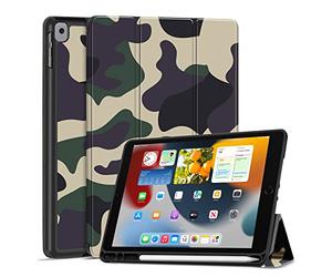 TNP Étui de Protection pour iPad 10,2 Pouces 2021 9ème/8ème/7ème Génération, Étui Housse avec Porte-Crayon en TPU Souple et Mince, pour iPad 9/8/7? génération 10,2, Couleur Camouflage