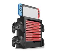 TNP Station de rangement pour Nintendo Switch OLED avec support de station d'accueil, étagère verticale pour 10 boîtiers de jeu, 4 contrôleurs, tiroir Joy-Con, noir