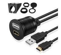 TNP USB HDMI Flush Mount Cable - Dashboard Panel Dash Mount USB + HDMI Port Socket Jack Plug Resistant Connector Water Extension Wire Cord for Car Truck Trailer Boat Motorcycle & More (1.8M / 6FT)