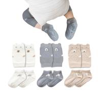 TNSLAND Lot de 3 paires de genouillères pour bébé et 3 paires de chaussettes d'éveil antidérapantes avec points en caoutchouc pour bébé garçon et fille de 6 à 12 mois, Blanc, abricot, gris foncé, M