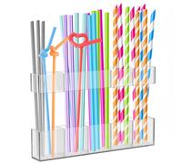TNTGMG Distributeur de pailles en acrylique de 25 cm avec adhésif double face, réutilisable, peu encombrant, récipient de rangement transparent