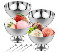 TNTGMG Lot de 4 coupes à glace, 250 ml, en acier inoxydable, avec fourchettes, réutilisables, avec pied, bols de service argentés pour céréales, fruits, acai, desserts, fêtes en plein air, accessoires