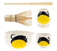 TNTGMG Lot de 5 bols à matcha en céramique avec bec verseur, capacité de 500 ml, bols mélangeurs traditionnels avec support pour fouet, pelle, fouet pour une expérience ultime (chat)