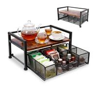 TNTGMG Organisateur de sachets de thé, porte-sachets de thé en bois avec tiroir et compartiments, boîte à thé empilable à 2 niveaux, porte-sachets de thé de capacité pour plan de travail