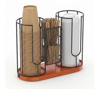 TNTGMG Porte-gobelet et couvercle - Porte-gobelet en métal avec base en bois - 28 x 11,5 x 22 cm - Distributeur de gobelets jetables en carton pour cafés, plan de travail à la maison, au bureau, aux