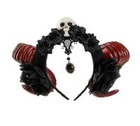 Tnxpumi Serre-tête tête de mort cornes de mouton, bois de cerf pour Halloween, spectacle photo, accessoires gothiques, fleurs sombres, démons (noir rose)