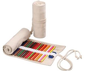 Tnyvm Trousse à crayons enroulable en toile de grande capacité avec 36 emplacements pour crayons de couleur, crayons et marqueurs de couleur naturelle