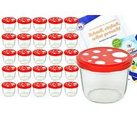 To 82 Lot de 25 bocaux en verre 230 ml champignon Couvercle Rouge à pois blanc avec livret de recettes Diamant gélifiant Magie Confiture Bocaux en verre pour conservation de confiture Couvercles dorés Capacité
