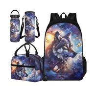 TOADDMOS Cadeaux de rentrée scolaire pour filles et garçons - 4 sacs à livres avec manchon pour bouteille d'eau portable - Bouteille d'eau en acier inoxydable, Univers Space Wolf, S, Ensemble cartable