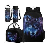 TOADDMOS Cadeaux de rentrée scolaire pour filles et garçons - 4 sacs à livres avec manchon pour bouteille d'eau portable - Bouteille d'eau en acier inoxydable, Galaxy Wolf., L, Ensemble cartable
