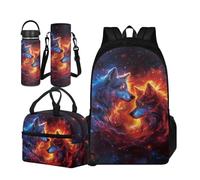 TOADDMOS Ensemble cartable 4 pièces pour enfants avec sac à déjeuner isotherme, manchon pour bouteille d'eau et bouteille d'eau isotherme, Fire Wolf., Large Water Bottle, Ensemble cartable