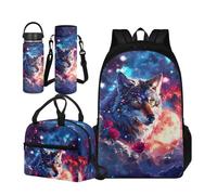 TOADDMOS Ensemble cartable 4 pièces pour enfants avec sac à déjeuner isotherme, manchon pour bouteille d'eau et bouteille d'eau isotherme, Galaxy Wolf., Large Water Bottle, Ensemble cartable