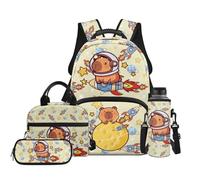 TOADDMOS Ensemble de 4 sacs à dos d'école avec boîte à déjeuner, trousse à crayons, sac à bouteille d'eau pour enfants, adolescents, école primaire, Capybara Rockets, Moderne