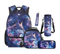 TOADDMOS Ensemble de 5 sacs à dos d'école avec sac à déjeuner portable, trousse à crayons, sac à bouteille d'eau, cordon de transport et porte-clés, Galaxy Wolf., Moderne