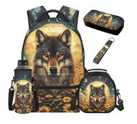 TOADDMOS Ensemble de 5 sacs à dos pour enfants avec sac à déjeuner, trousse à crayons, sac à bouteille d'eau, cordon et porte-clés pour enfants et adolescents, Wolf Daisy, Moderne