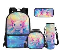 TOADDMOS Ensemble de sac à livres 4 en 1 pour lycée, trousse à crayons, bouteille d'eau, sac à bandoulière pour adolescents, filles, garçons, primaire, collège, Axolotl Colorful Sea, Sacs à dos